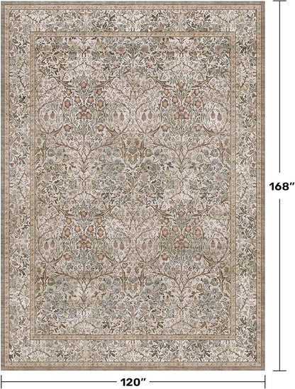 Washable 10x14 Living Room Rug - Moss Green Large Area Rug for Dining Room Under Table, Low Pile Non-Slip Floor Carpet for Bedroom Under Bed - Neutral Taupe Design & Stain Resistance