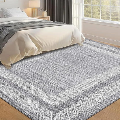 GarveeHome 6x9 Large Washable Area Rug Modern Bordered Rug Distressed Geometric Floor Carpet, Soft Non Slip Low Pile Non Shedding Rug, Indoor Gray for Bedroom, Living Room
