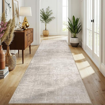 Hallway 4x10 Washable Runner Rug:Stain Resistant Abstract Rug for Kitchen Entryway Farmhouse Soft Carpet for Bathroom Bedroom Thin Laudry Living Room Floor Mat with Non Slip Backing(4x10,Beige/Cream)