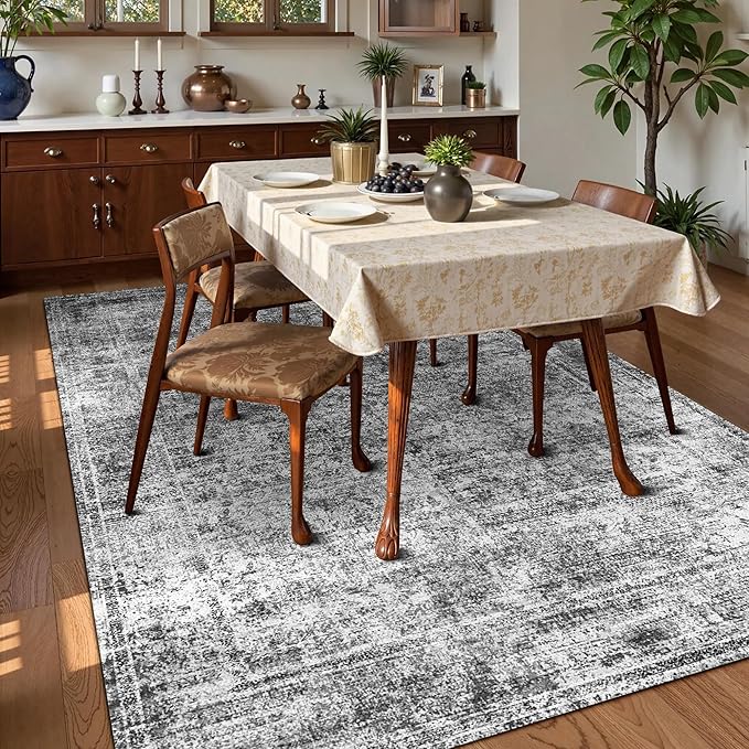 Washable Area Rug 4' x 6' Vintage Traditional Persian Mat - Foldable Distressed Non-Slip Machine Washable Carpet for Living Room Bedroom Kitchen Home Decor - Graphite and Mist