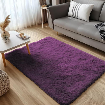 OLANLY 3x5 Machine Washable Small Bedside Rug, Soft Fluffy Shaggy Rugs for Living Room, Bedroom, Indoor Floor Carpet for Kids Girls and Boys, Preppy Dorms, Nursery, Home Decor Aesthetic, Dark Purple
