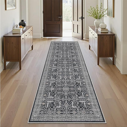 2x6 Hallway Washable Runner Rug - Soft Non Slip Vintage Rugs for Entryway Low-Pile Farmhouse Neutral Kitchen Runners Living Room Floor Mat Stain Resistant Distressed Carpet for Bedroom Bathroom Black