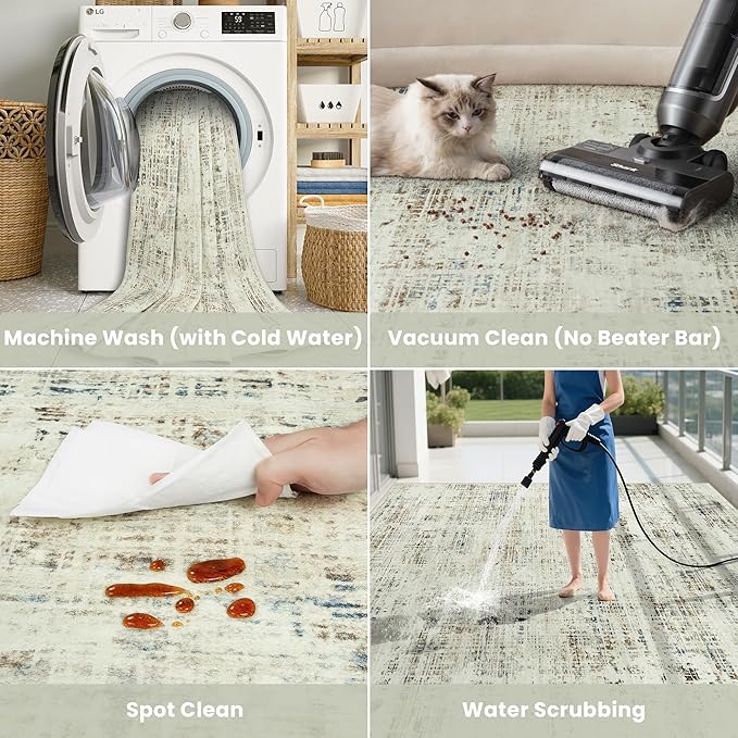 6x9 Area Rugs for Living Room Washable Rug: Anti-Skid Abstract Modern Living Room Rug Soft Thin Carpets Indoor Floor Non-Shedding Carpet for Bedroom Dining Farmhouse Nursery Gray White Blue