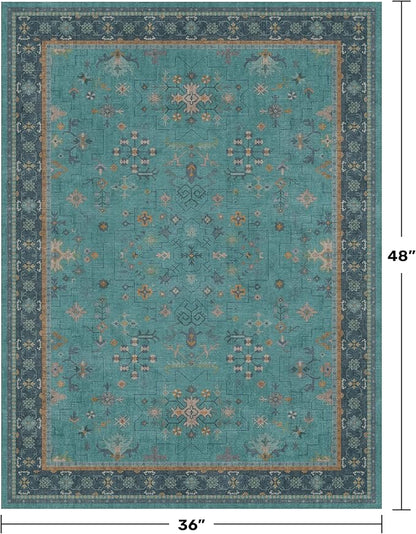 3x4 Teal Rugs for Entryway Indoor - Washable Non Skid Area Rug for Large Kitchen, Bedside, Bathroom, Mudroom, Boho Geometric Floral Design, Non Slip Low Pile Fade Resistant