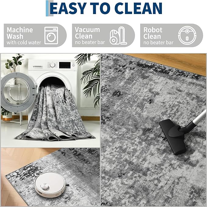 Living Room Rug 7x10 Gray Area Rugs Machine Washable Abstract Boho Large Rug Non-Slip Non-Shedding Faux Wool Indoor Vintage Carpet for Bedroom, Classroom, Dining Room, Kids Playroom