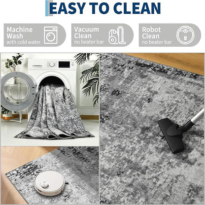 Ompaa Living Room Rug 5x8 Gray Area Rug Machine Washable Boho Rug Non Slip Abstract Vintage Indoor Large Rugs for Bedroom, Classroom, College Dorm, Farmhouse, Dining Room, Kids Playroom