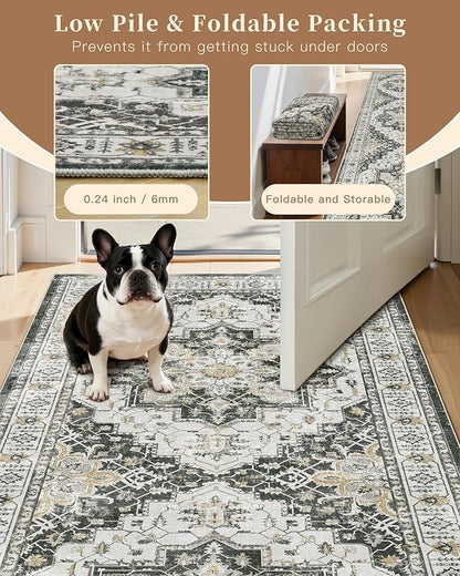 Madane Runner Rug 2'6''x8' Kitchen Runner, Hallway Runner Printed Vintage Washable Rugs Soft Non-Slip Low Pile Runners for Hallways Laundry Room Rug Distressed Rug, Black
