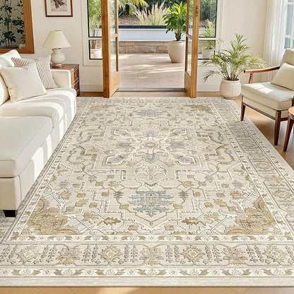 Madane 5x7 Area Rugs for Living Room, Stain Resistant Washable Rug, Non-Slip Backing Area Rug, Vintage Home Decor Rug for Bedroom (Beige/Blue, 5'x7')