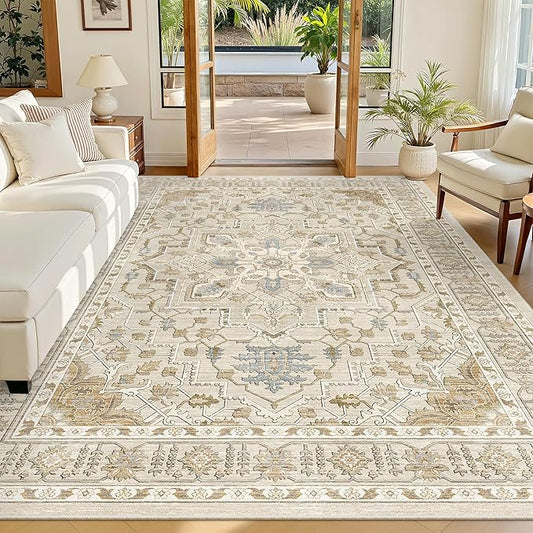 Madane 5x7 Area Rugs for Living Room, Stain Resistant Washable Rug, Non-Slip Backing Area Rug, Vintage Home Decor Rug for Bedroom (Beige/Blue, 5'x7')