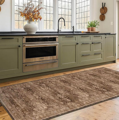 Brown Boho Washable 2x6 Runner Rugs for Hallway Kitchen Bedroom Beside Laundry Room Bathroom Rug, Pet & Kids Friendly, Non Slip Low Pile Stain Resistant Soft Faux Wool Long 24 x 72 Floor Carpet