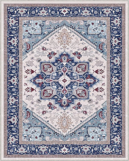 OPPODREAM Soft 8x10 Area Rugs, Washable Rugs 8x10 with Non Slip Backing, Faux Cashmere Low-Pile 8 x 10 Carpet, Navy Blue & Red & Cream