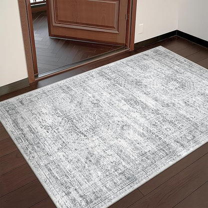 3x4 Washable Area Rug for Entryway, Soft Kitchen Rugs Non Slip for Dining Room, Vintage Abstract Living Room Rug, Thin Area Rugs Indoor for Bedroom, Kids Room Decor(3'x4', Grey/Ivory)