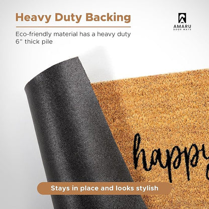 Be Happy - 17"x29" - Coir Door Mat with Heavy Duty Backing - Welcome Mats for Entryway, Porch - Anti-Slip PVC & Coconut Fiber Surface - Natural Home Accessories, Minimalist Original Design