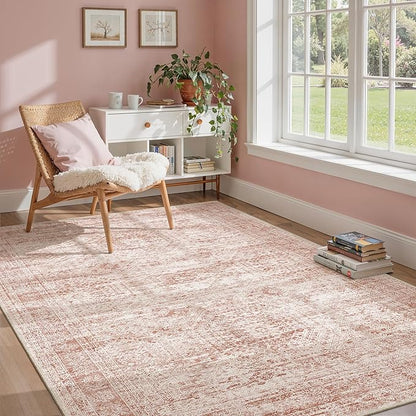 5x7 Area Rugs Pink Low Pile Indoor Washable Trendy Faded Style Rugs for Bedroom Living Room Dining Room Foldable Non-Slip Thin Print Mat