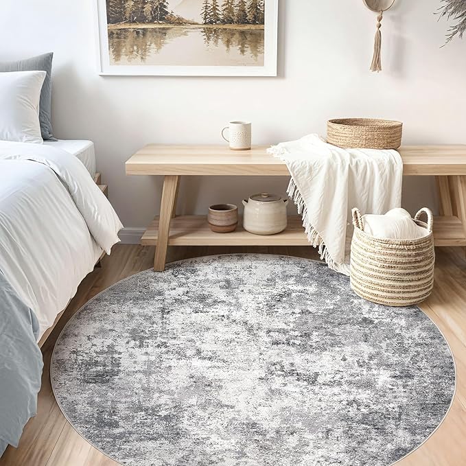 UERMEI 5ft Round Area Rug Living Room Rugs - 5x5 Washable Neutral Modern Abstract Soft Thin Rug Indoor Floor No Slip Rug Carpet for Bedroom Under Dining Table Home Office Decor - Grey