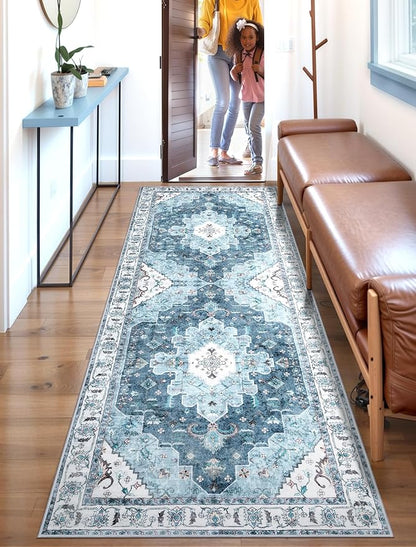 SERISSA Boho Washable Runner Rug, 2x6 Rug Non-Slip Vintage Blue Hallway Kitchen Runner Rug Ultra Soft Print Distressed Floor Carpet for Bedroom Bathroom Laundry Living Room