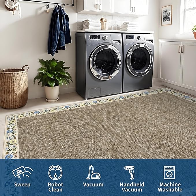 GarveeHome Entryway Rug 2x6 Modern Bordered Runner Rug Washable Kitchen Runners for Hallway Non-Slip Low-Pile Soft Carpet Floral Print Bathroom Mat for Bedroom Laundry Room, Dark Camel
