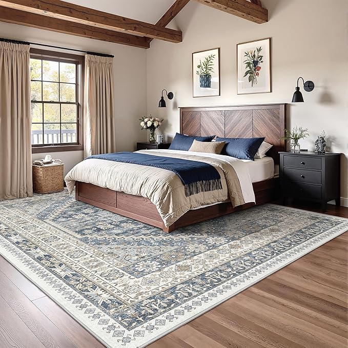 Washable Rugs 8x10 Area Rugs for Living Room, Non-Slip Backing Large Rug for Nursery Room, Vintage Floral Bedroom Rugs, Thin Indoor Home Decor Soft Farmhouse Rug (Blue/Beige,8'x10')