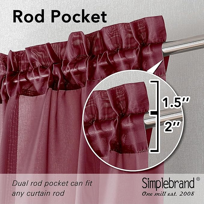 Simplebrand Burgundy Red Sheer Curtains 84 Inches Long, Light Filtering Rod Pocket Solid Color Window Sheer Curtain Panels, Elegant Curtains & Drapes for Living Room, Bedroom 2 Panels, 59" W x 84" L