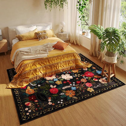 Rugcomf Area Rugs 8x10 Rug for Living Room Clearance Washable Boho Area Rug Non Slip Floral Vintage Low Pile Large Rug for Living Room, Bedroom, Farmhouse, Dining Room, Kids Playroom(Black)