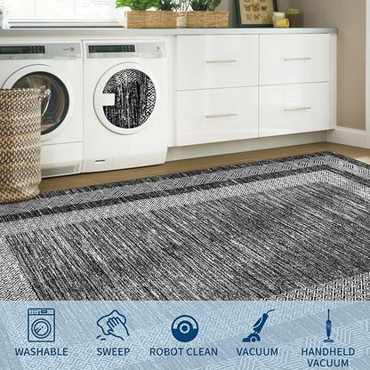 GarveeHome Modern Geometric Rug 4x6 Washable Rug for Living Room, Soft Non Shedding Indoor Carpet with Non Slip TPR Backing, Low Pile Thin Foldable Printed Floor Mats for Dining Room, Black