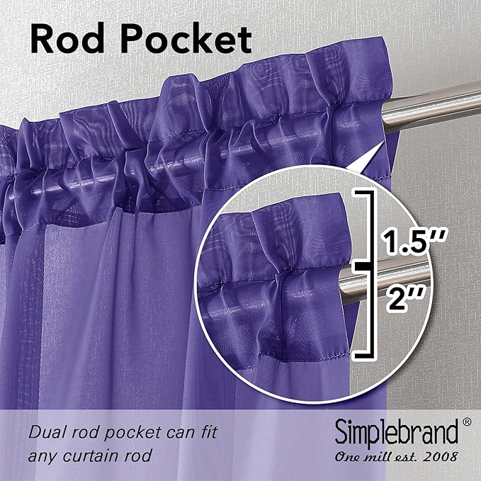 Simplebrand Purple Sheer Curtains 84 Inches Long, Light Filtering Rod Pocket Solid Color Window Sheer Curtain Panels, Elegant Curtains & Drapes for Living Room, Bedroom 2 Panels (Purple, 42" W)