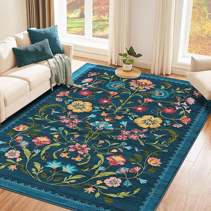 GarveeHome Washable Rug 3x5 Area Rugs for Living Room, Floral Rug for Bedroom, Soft Boho Non Slip Throw Rugs with Rubber Back, Low Pile Stain Resistant Vintage Floral Carpet for Dining Room, Blue