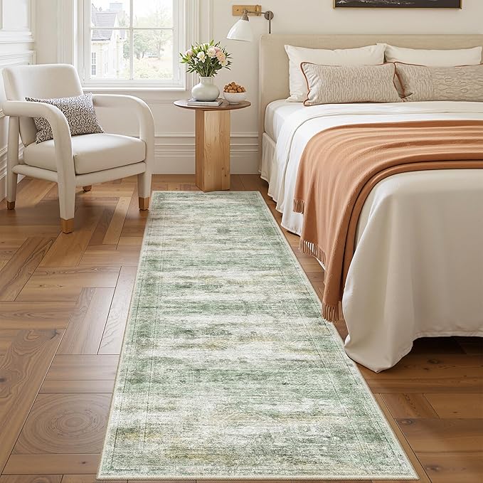 Rug Runners for Hallways Non Slip - 2x8 Runner Rug for Bedroom, Washable Runner with Rubber Backing, Soft Low-Pile Carpet for Kitchen, Laundry, Bathroom (2'x8', Green/Yellow/Ivory)
