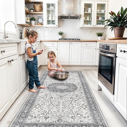 Hallway 4x8 Washable Runner Rug: Oriental Stain Resistant Entryway Kitchen Rug Farmhouse Soft Carpet for Bathroom Bedroom Thin Laundry Room Floor Mat with Non Slip Backing for Pets Family(4x8,Grey)