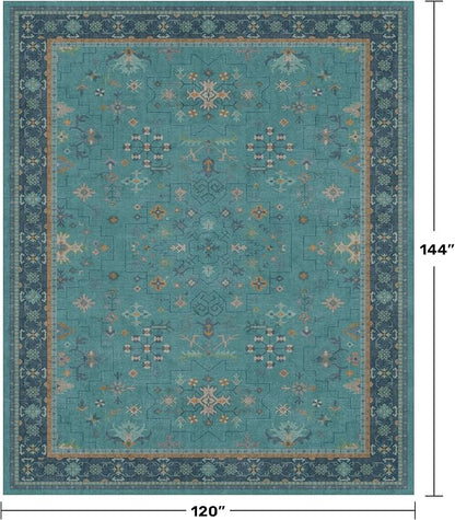 Washable 10x12 Large Teal Teal Boho Living Room Rug - Soft Floral Area Rugs for Bedroom Under Bed, Dining Room Under Table Non Slip, Low Pile & Stain Resistant Carpet