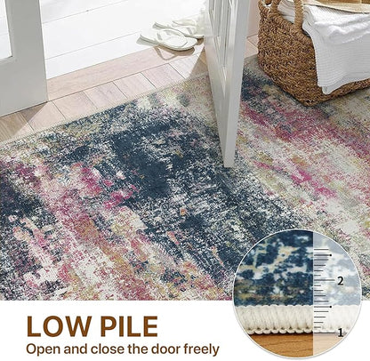 Area Rugs 8x10 for Living Room Bedroom, Modern Abstract Machine Washable Rug, Large Soft Low Pile Floor Carpet with Non Slip Backing for Dining Room, Navy/Pink