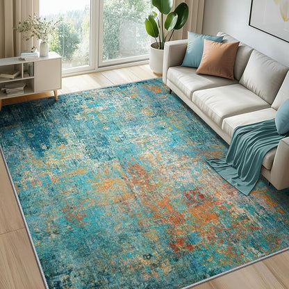 Washable Area Rugs 7'x9' Non-Slip Modern Abstract Soft for Living Room Entryway Bedroom Nursery, Print Pattern, Teal Blue Green Orange Rust Red Coloreful