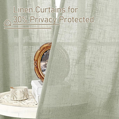 LAMIT Linen Curtains for Living Room 84 Inch Length, Bronze Grommet Light Filtering Semi Sheer Drapes Neutral Rustic Farmhouse Boho Panels for Bedroom, 2 Panels, Sage Grey, 52 x 84 Inch