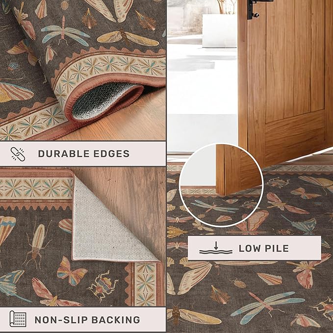 Brown Washable Area Rug for Living Room - 4x6 Large Entryway Rugs, Vintage Insect Soft Stain Resistant Carpet for Bedroom, Kitchen, Non Slip with Rubber Backing, Aesthetic Décor Indoor