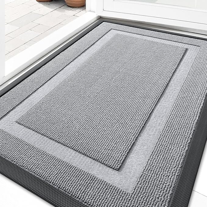 OLANLY Front Door Mat Indoor Outdoor Entrance, Waterproof All-Season, All-Weather Doormat, Sturdy Natural Rubber, Low Profile, Easy Clean Patio Porch Entryway Mat, 29.5x17, Silver Gray