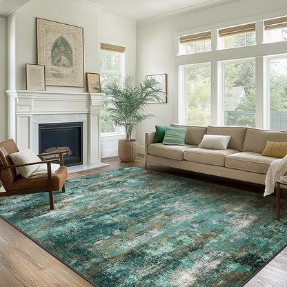 BEIMO Machine Washable Rug 8x10 Area Rugs for Living Room Bedroom, Large Turquoise Abstract Area Rug Soft Throw Rugs, Low-Pile Floor Carpet with Non Slip Rubber Backing
