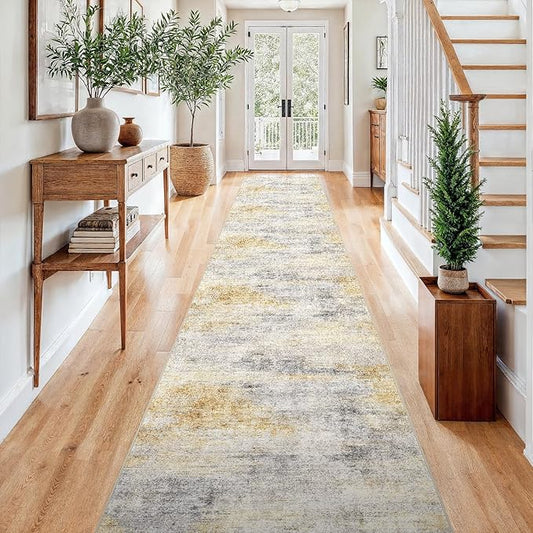3x15 Washable Kitchen Runner Rug: Modern Abstract Runners for Hallway Soft Non Slip Rugs with Rubber Backing Low Pile Thin Waterproof Floor Carpet for Entryway Bedroom Bathroom Indoor 3x15 Grey/Yellow