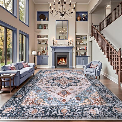 SERISSA Washable Rugs 9x12 Area Rugs, Large Non-Slip Blue Orange Living Room Rug, Ultra Soft Boho Vintage Print Distressed Oriental Farmhouse Carpet for Dining Room Bedroom Dorm Office Home Decor