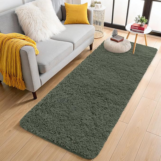OLANLY 2x8 Machine Washable Runner Rugs for Hallway, Soft Fluffy Shaggy Bedside Rugs for Bedroom, Living Room, Indoor Floor Carpet for Kids Girls and Boys, Home Decor Aesthetic, Olive Green