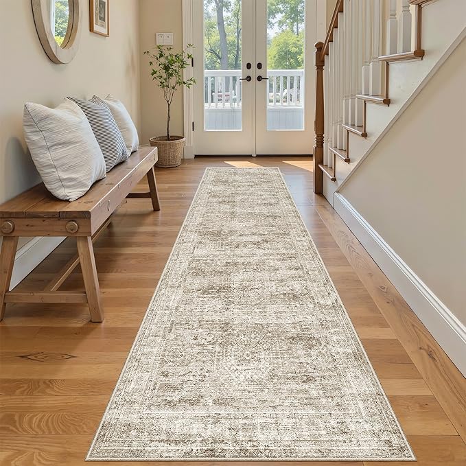 Washable Runner Rug, 2'6" x 8' Non-Slip Kitchen Vintage Foldable Hallway Runners for Entryway, Laundry, Bedroom, Brown