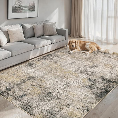Area Rugs 10x12 Living Room - Washable Rug Modern Abstract Soft Large Neutral Non-Slip Carpet Indoor Floor Thin Carpets for Bedroom Dining Room Farmhouse Nursery Home Office Brown Black Grey