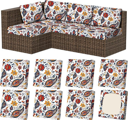 8Pcs Stretch Patio Cushion Covers, Outdoor Couch & Sofa Replacement Slipcovers for Patio Furniture Cushion Covers, Washable Reusable Furniture Protector
