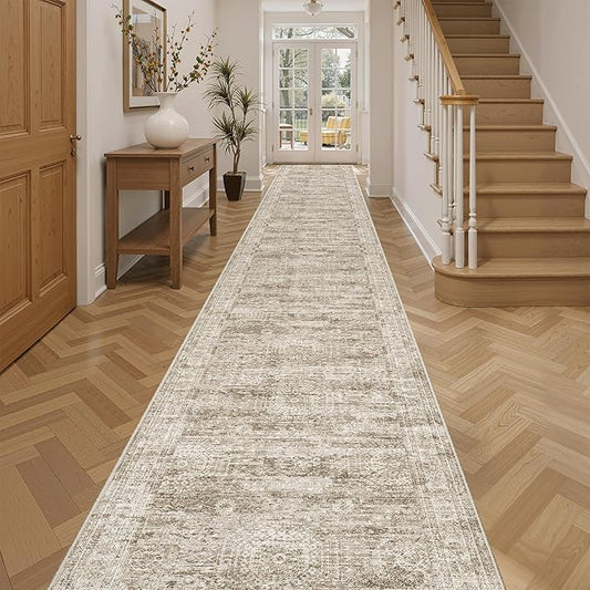 Runner Rug 2'6" x 14' Washable Non-Slip Runner Rugs for Kitchen Bathroom Laundry Room Vintage Ultra Thin Runners for Hallway Entryway Brown