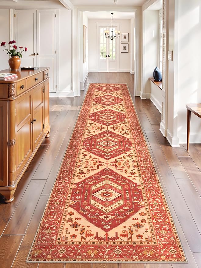 SERISSA Runner Rug for Hallways, 2'6"x14' Washable Non Slip Kitchen Runner Rug, Extra Long Boho Rug Ultra Soft Vintage Red Print Floor Carpet for Bedroom Hallway Entryway Bathroom Laundry Room