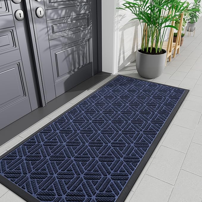 Smiry Front Door Mat Outside Entrance, Heavy Duty Sturdy Natural Rubber Doormat, Trap Dirt and Moisture, Easy Clean Low Profile Mats for Indoor Outdoor Entry, Grid Geometric (71x23, Navy Blue)