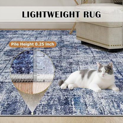 8x10 Area Rugs for Living Room Washable Rug: Anti-Skid Abstract Modern Living Room Rug Soft Thin Carpets Indoor Floor Non-Shedding Carpet for Bedroom Dining Farmhouse Nursery Navy Light Gray