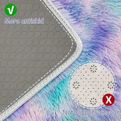 Super Soft Fluffy Living Room Area Rug 3x10 ft Purple Rainbow Tie-Dyed Shaggy Furry Carpet Washable Non-Slip Carpets Bedroom Bedside Nursery Rug Cute Colorful Room Decor for Girls
