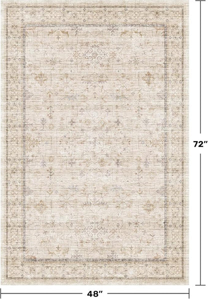 Washable Cream Rug 4x6 for Office, Bedroom, Non Slip Rugs for Kitchen, Mudroom, Low Pile Neutral Farmhouse Retro Small Living Room Carpet
