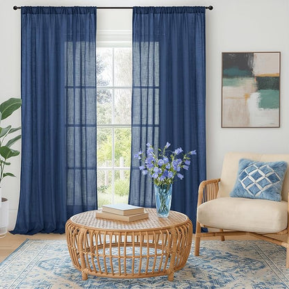 BGment Linen Navy Blue Curtains 90 Inch Length for Living Room, Semi Sheer Window Drapes Lightweight for Dining Room Bedroom Decor Light Filtering with Rod Pocket, 2 Panels Set, Each 52 Inch Wide