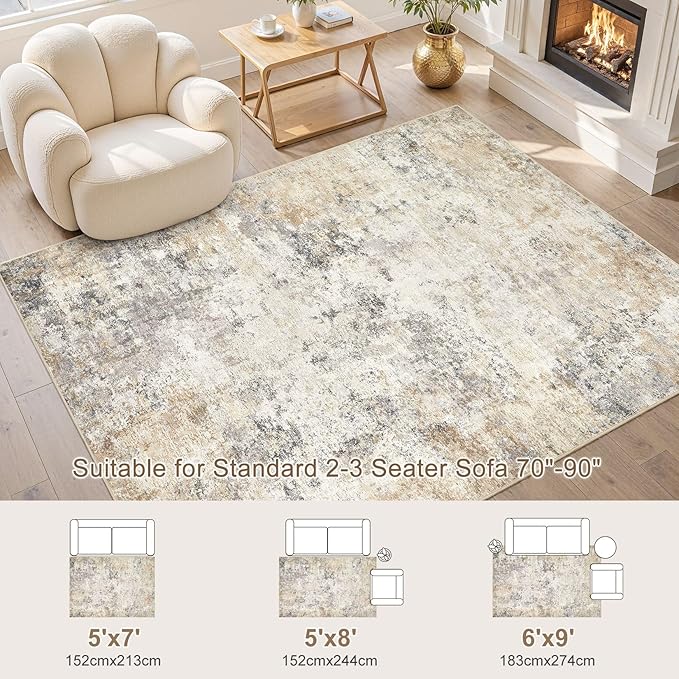 UERMEI 5x7 Area Rug Living Room Rugs - Washable Neutral Modern Abstract Soft Thin Large Rug Indoor Floor No Slip Rug Carpet for Bedroom Under Dining Table Home Office Decor - Golden Grey